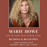 Burnt Orange background with image of woman with blonde curly hair, white text says Marie Howe with reading date April 2, 2026 at 6pm