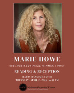 Burnt Orange background with image of woman with blonde curly hair, white text says Marie Howe with reading date April 2, 2026 at 6pm